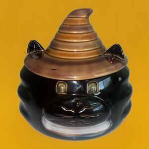 Tii Collections Vintage Ceramic Halloween Grinning Black Cat Witch Hat Jar 6”
